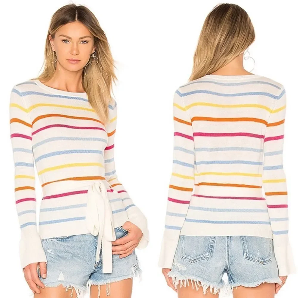 Lovers + Friends Attitude Rainbow Stripe Bell Sleeve Sweater Sz S